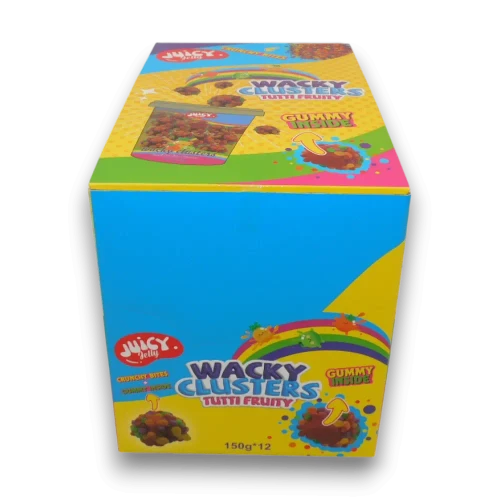 Front view of Juicy Jelly Wacky Clusters Tutti Frutti display box showing colourful gummy clusters, available at The Professors