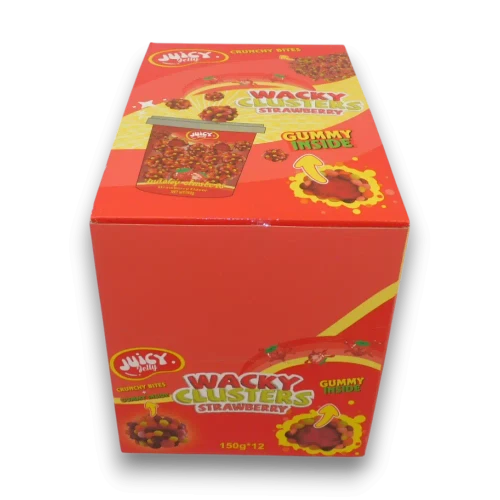 Juicy Jelly Wacky Clusters Strawberry display box containing 12 retail tubs, available at The Professors Online Lolly Shop.
