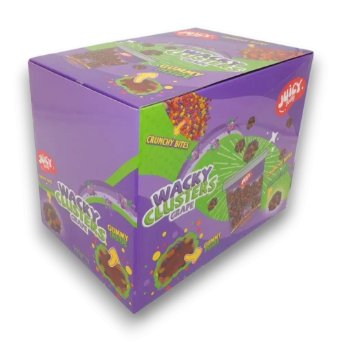 Juicy Jelly Wacky Clusters Grape display carton showcasing crunchy bites with chewy gummy filling, available at The Professors