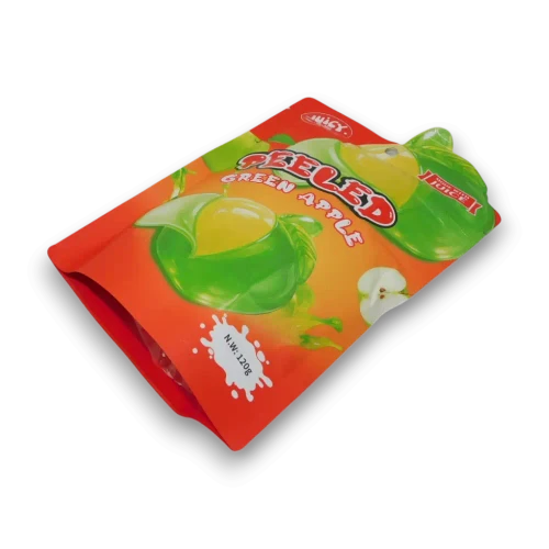 Juicy Jelly Peeled Gummy Green Apple 120g bag showcasing apple-shaped gummy treats with a soft centre