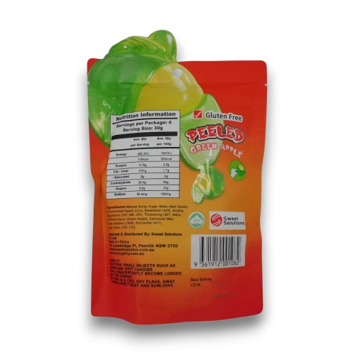 Green apple-flavoured gummy sweets by Juicy Jelly in a 120g peelable fruit-style bag, available at The Professors Online Lolly Shop.