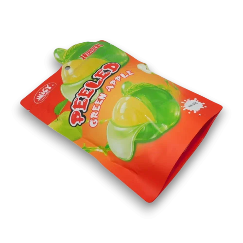 Green apple-flavoured gummy confectionery in a 120g Juicy Jelly Peeled bag with peelable apple design, available at The Professors