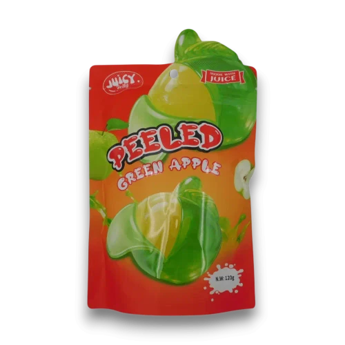 Juicy Jelly Peeled Gummy Green Apple 120g bag with green apple-flavoured gummy lollies in fruit-shaped packaging