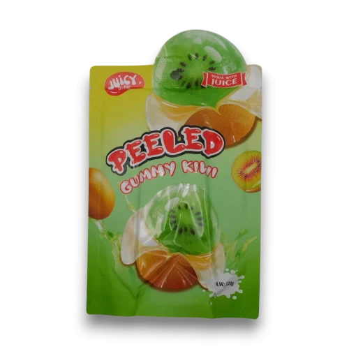 Juicy Jelly Peeled Gummy Kiwi 120g bag containing kiwi-shaped peelable gummy lollies, available at The Professors Online Lolly Shop.