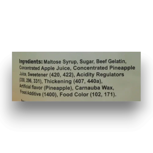 Juicy Jelly Peeled Gummy Pineapple 120g bag ingredients panel showing pineapple-flavoured gummy confectionery details