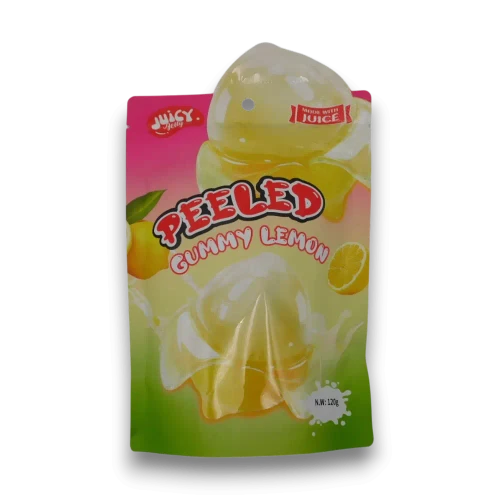 Juicy Jelly Peeled Gummy Lemon 120g bag containing lemon-shaped peelable gummy lollies, available at The Professors