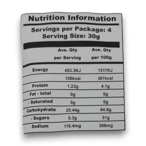 Nutrition panel for Juicy Jelly Peeled Gummy Lemon 120g bag showing serving information at The Professors Online Lolly Shop.