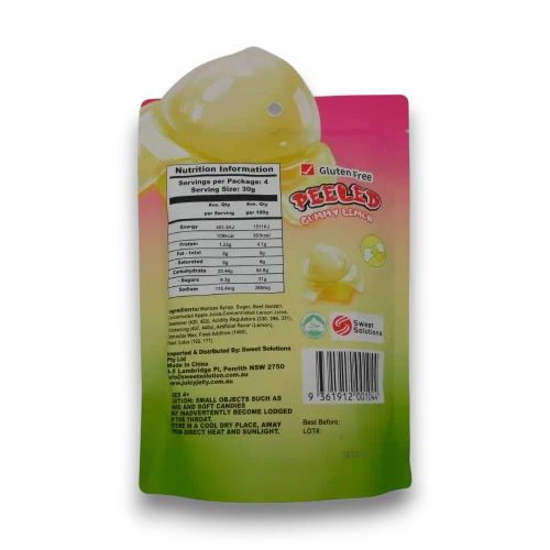 Juicy Jelly Peeled Gummy Lemon gluten free fruit-flavoured gummy sweets in a 120g bag, available at The Professors Online Lolly Shop.