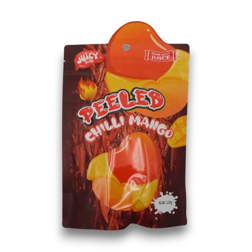 Juicy Jelly Peeled Gummy Chili Mango 120g bag featuring mango flavoured gummy confectionery, available at The Professors Online Lolly Shop.