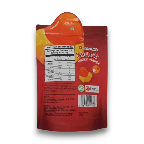 Juicy Jelly Peeled Gummy Chili Mango novelty jelly sweets made with juice, available at The Professors Online Lolly Shop.