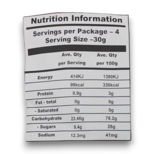 Nutritional information of Juicy Jelly Peeled Gummy Chili Mango 120g bag