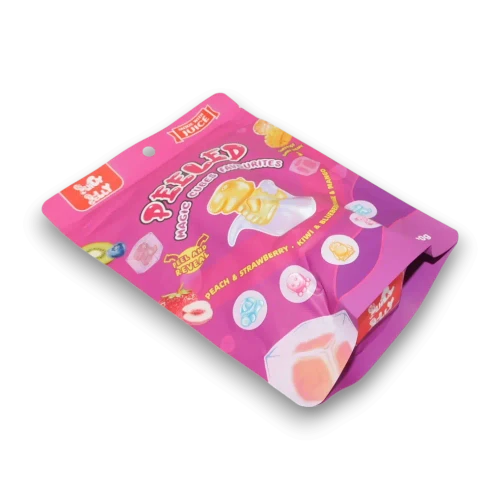 Juicy Jelly Magic Cubes Favourites 120g bag featuring peach, strawberry, kiwi, blueberry, orange and mango flavours