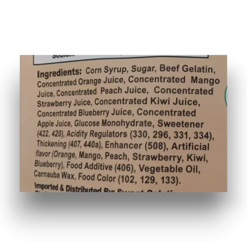 Ingredient information for Juicy Jelly Magic Cubes Favourites assorted jelly cubes, available at The Professors Online Lolly Shop.
