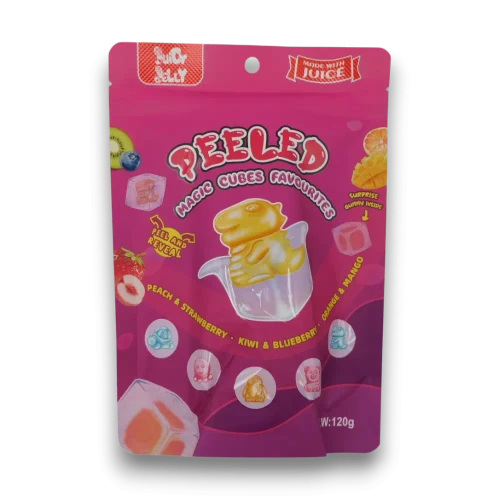 Juicy Jelly Magic Cubes Favourites 120g bag with assorted fruit-flavoured jelly cubes and surprise gummy centres, available at The Professors