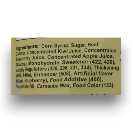 Ingredient information panel for Juicy Jelly Magic Cubes Kiwi & Blueberry gummy jelly cubes, available at The Professors Online Lolly Shop.