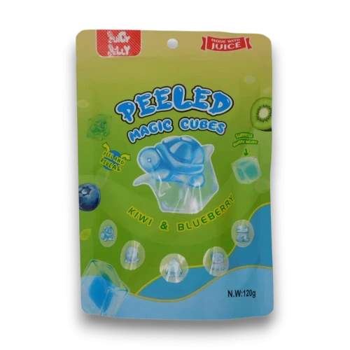 Juicy Jelly Magic Cubes Kiwi & Blueberry 120g bag with peel-and-reveal gummy jelly cubes, available at The Professors Online Lolly Shop.