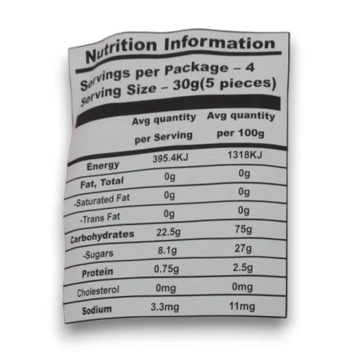 Nutrition information panel for Juicy Jelly Magic Cubes Peach & Strawberry gummy jelly cubes, available at The Professors Online Lolly Shop.