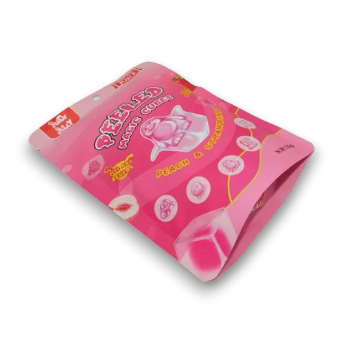 Juicy Jelly Magic Cubes Peach & Strawberry gummy jelly cubes in a 120g pouch, available at The Professors Online Lolly Shop.