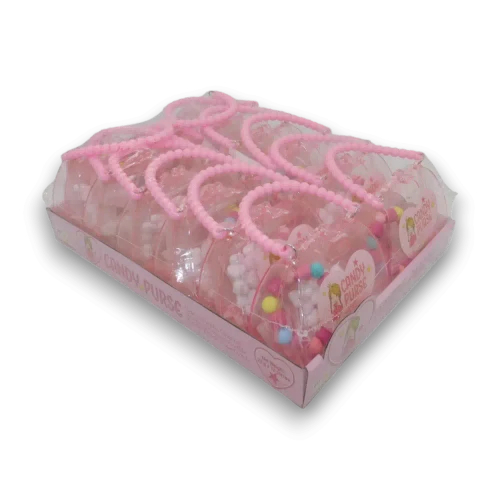 AIT Candy Purse display unit containing 12 novelty purse-shaped candy packs with strawberry flavoured treats, available at The Professors