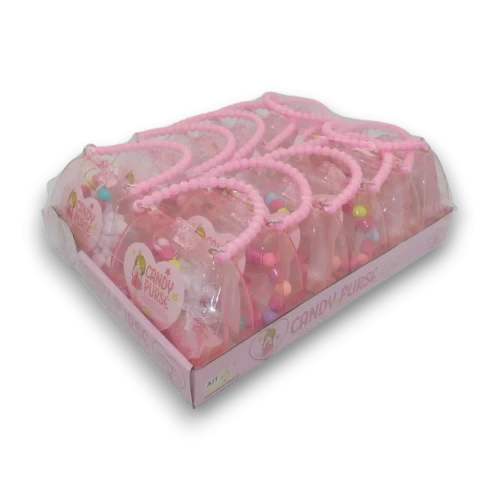 AIT Candy Purse display unit featuring clear purse-shaped novelty confectionery packs, available at The Professors Online Lolly Shop.