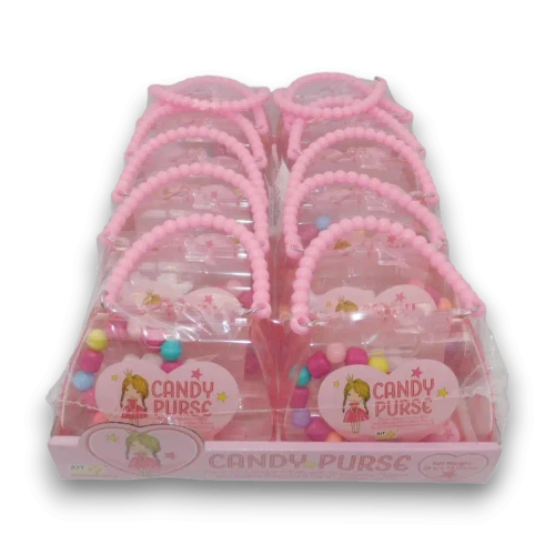 AIT Candy Purse display tray showcasing 12 novelty handbag-shaped confectionery packs, available at The Professors Online Lolly Shop.