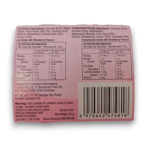 Nutrition information and ingredients panel for AIT Candy Purse 25g novelty confectionery packs, available at The Professors