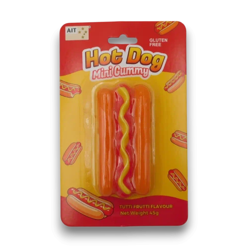 AIT Mini Gummy Hot Dog display box featuring tutti frutti flavoured gummy confectionery, available at The Professors