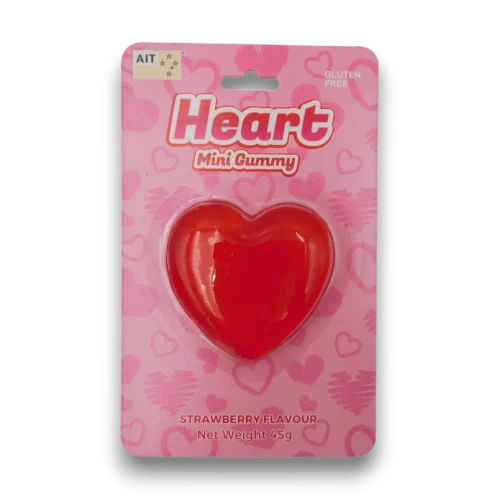 Individual AIT Mini Gummy Heart 45g pack with strawberry flavour heart-shaped gummy, available at The Professors Online Lolly Shop.