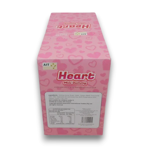 AIT Mini Gummy Heart display box showing product information and barcode, available at The Professors Online Lolly Shop.