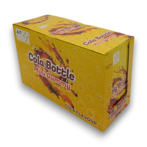 AIT Mini Gummy Cola Bottles display unit containing 12 x 45g cola-flavoured gummy packs, available at The Professors Online Lolly Shop.