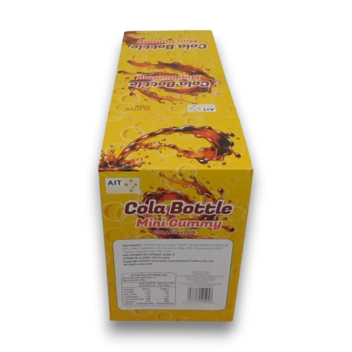 Back label of AIT Mini Gummy Cola Bottles display unit showing product information, available at The Professors Online Lolly Shop.
