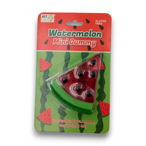 Single 45g AIT Mini Gummy Watermelon pack featuring watermelon slice-shaped gummy candy, available at The Professors