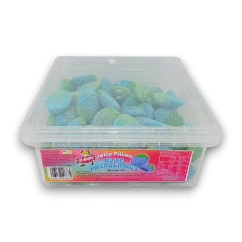 Gummini Jelly Filled Blue Raspberries 1kg tub showing blue and green sugar-coated gummies with jelly filling