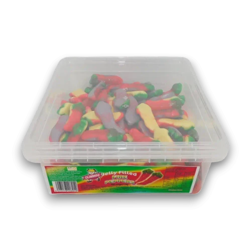 Colourful Gummini Jelly Filled Fire Peppers with jelly-filled centres in a 1kg tub, available at The Professors Online Lolly Shop.