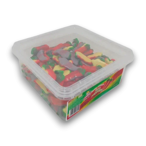 Gummini spicy jelly-filled chilli pepper gummies in a 1kg tub for novelty confectionery, available at The Professors Online Lolly Shop.