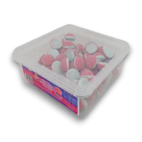 Gummini Jelly Filled Raspberry Bombs 1kg tub packed with raspberry-flavoured jelly filled gummies, available at The Professors Online Lolly Shop.