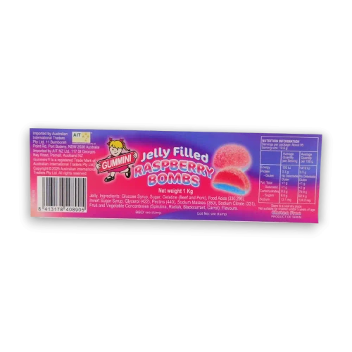 Product label for Gummini Jelly Filled Raspberry Bombs 1kg tub showing nutrition information, ingredients and product details, available at The Professors Online Lolly Shop.