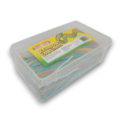 Sweet Treats Sour Straps Rainbow 1kg tub with approximately 77 rainbow sour straps available at The Professors