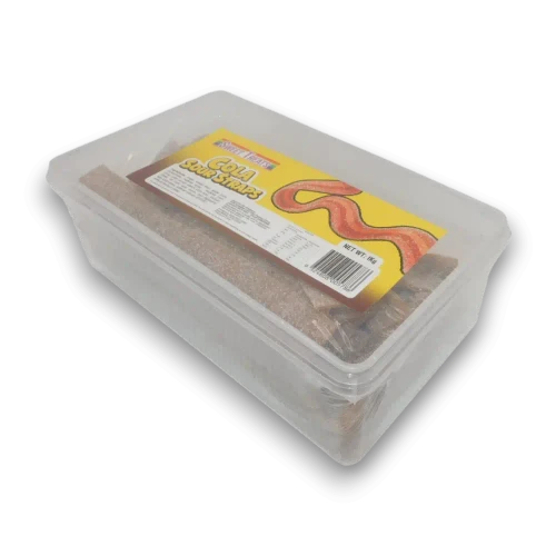 Sweet Treats Sour Straps Cola 1kg tub filled with cola flavoured sour candy straps from The Professors Online Lolly Shop.