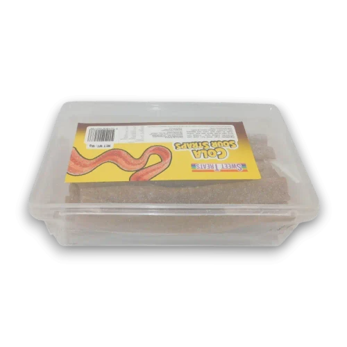 Sweet Treats Sour Straps Cola 1kg tub displaying sugar-coated cola sour straps available at The Professors Online Lolly Shop.