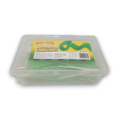 Sweet Treats Sour Straps Watermelon 1kg tub showing green sugar-coated sour straps at The Professors Online Lolly Shop.