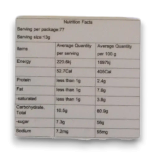 Nutrition information panel for Sweet Treats Sour Straps Watermelon 1kg tub sold by The Professors Online Lolly Shop.
