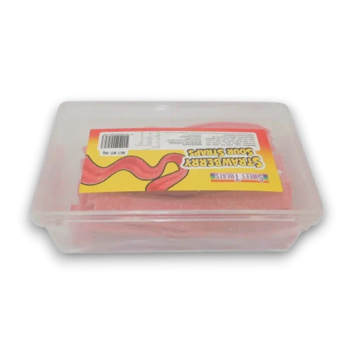 Sweet Treats Sour Straps Strawberry 1kg tub displaying pink sour straps available at The Professors Online Lolly Shop.