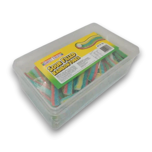 Sweet Treats Sour Filled Rainbow Tubes 1kg tub with approximately 134 rainbow sour filled gummy tubes