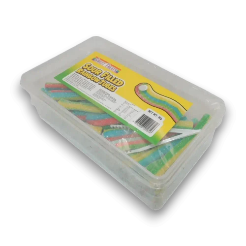 Sweet Treats Sour Filled Rainbow Tubes 1kg tub filled with rainbow sour jelly-filled tubes from The Professors Online Lolly Shop.