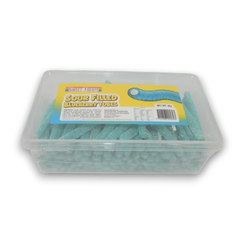 Sweet Treats Sour Filled Blueberry Tubes 1kg tub showing blue sugar-coated jelly-filled tubes