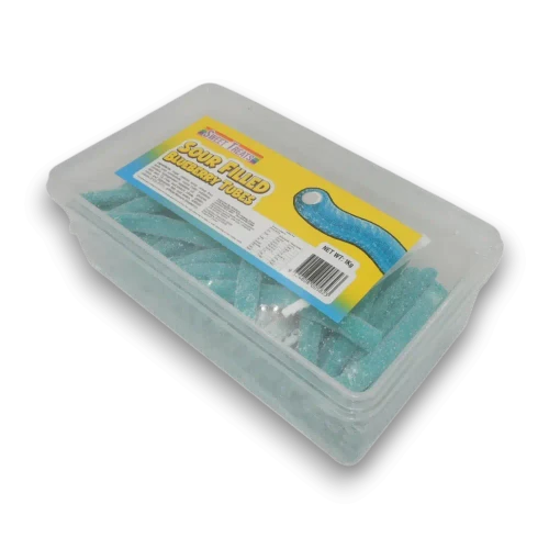 Sweet Treats Sour Filled Blueberry Tubes 1kg tub filled with blueberry flavoured sour gummy tubes