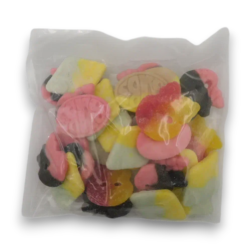 Front view of The Professors Swedish Bubs Mix 500g bag with assorted colourful vegan foam and gummy Swedish lollies.