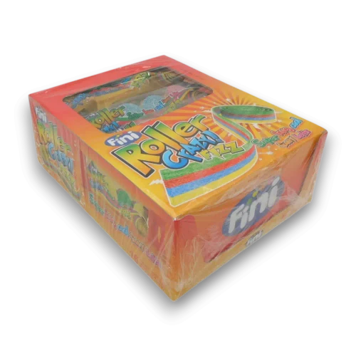 Fini Roller Fizz Crazy display unit containing 16 x 80g rainbow candy belt packs at The Professors Online Lolly Shop.
