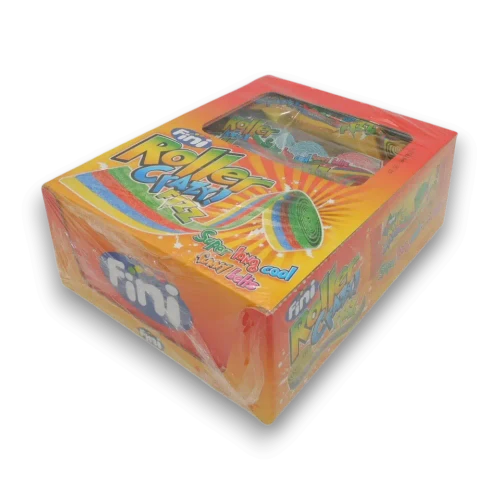 Fini Roller Fizz Crazy 16 x 80g display unit featuring rainbow fruit-flavoured fizzy candy belts.